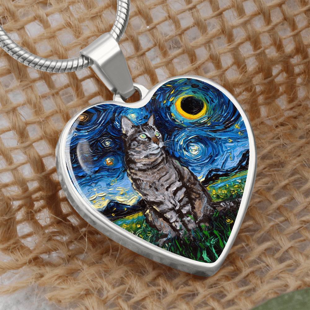Tabby Cat Starry Night Heart Necklace