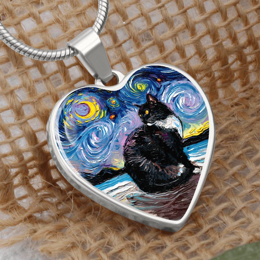 Tuxedo Cat with Yellow Eyes Starry Night Heart Necklace