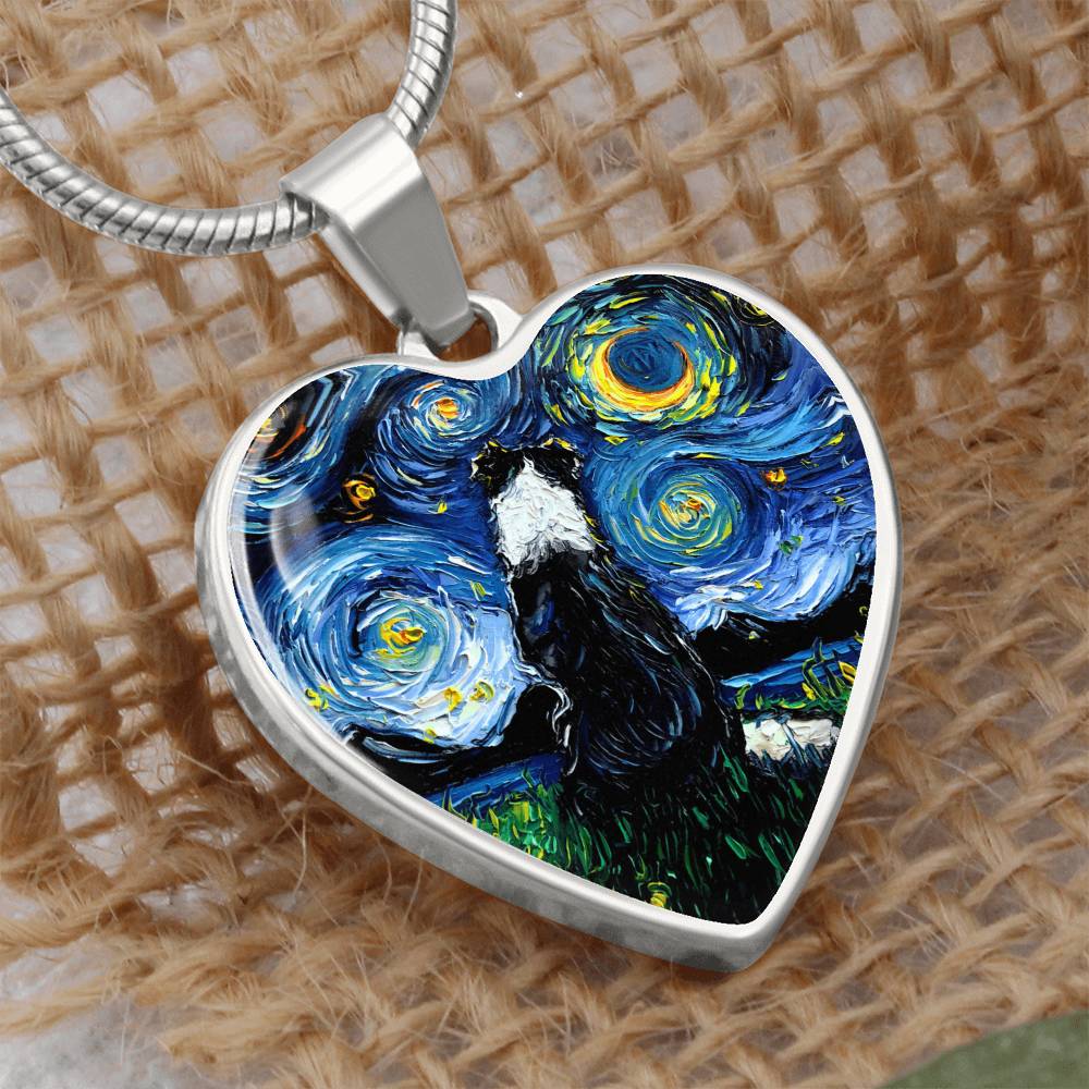 Border Collie Starry Night Heart Necklace
