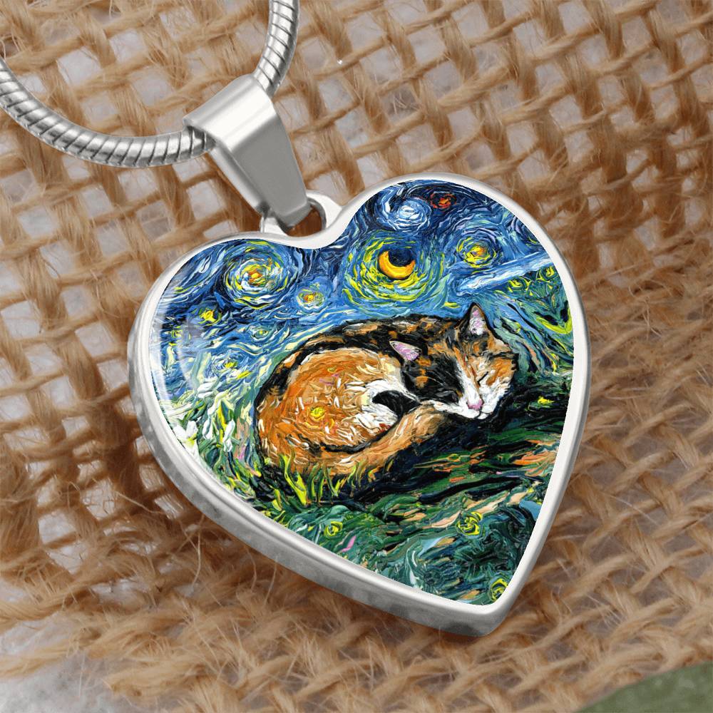 Sleeping Calico Cat Starry Night Heart Necklace