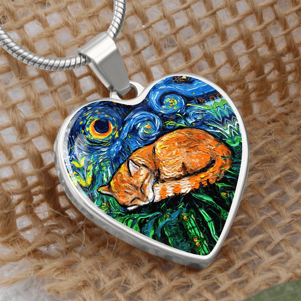Sleepy Orange Tabby Cat Heart Necklace