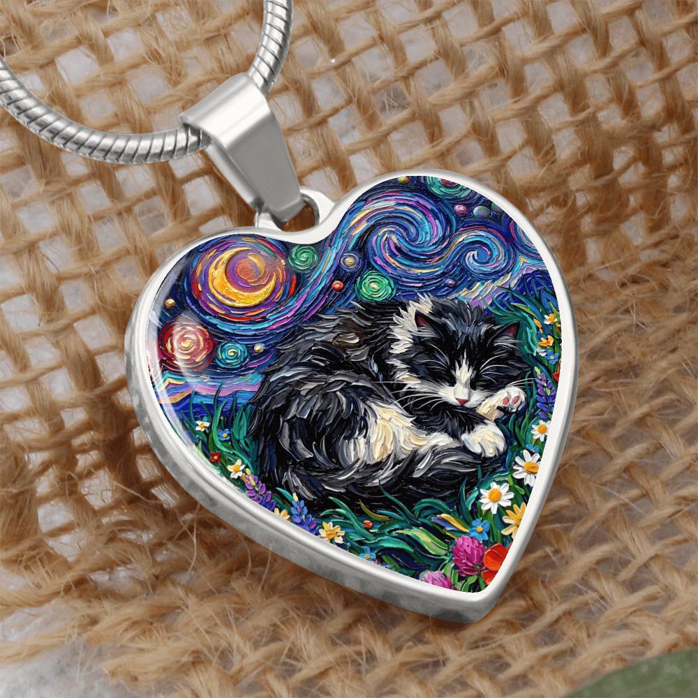 Sleepy Long Hair Tuxedo Heart Necklace