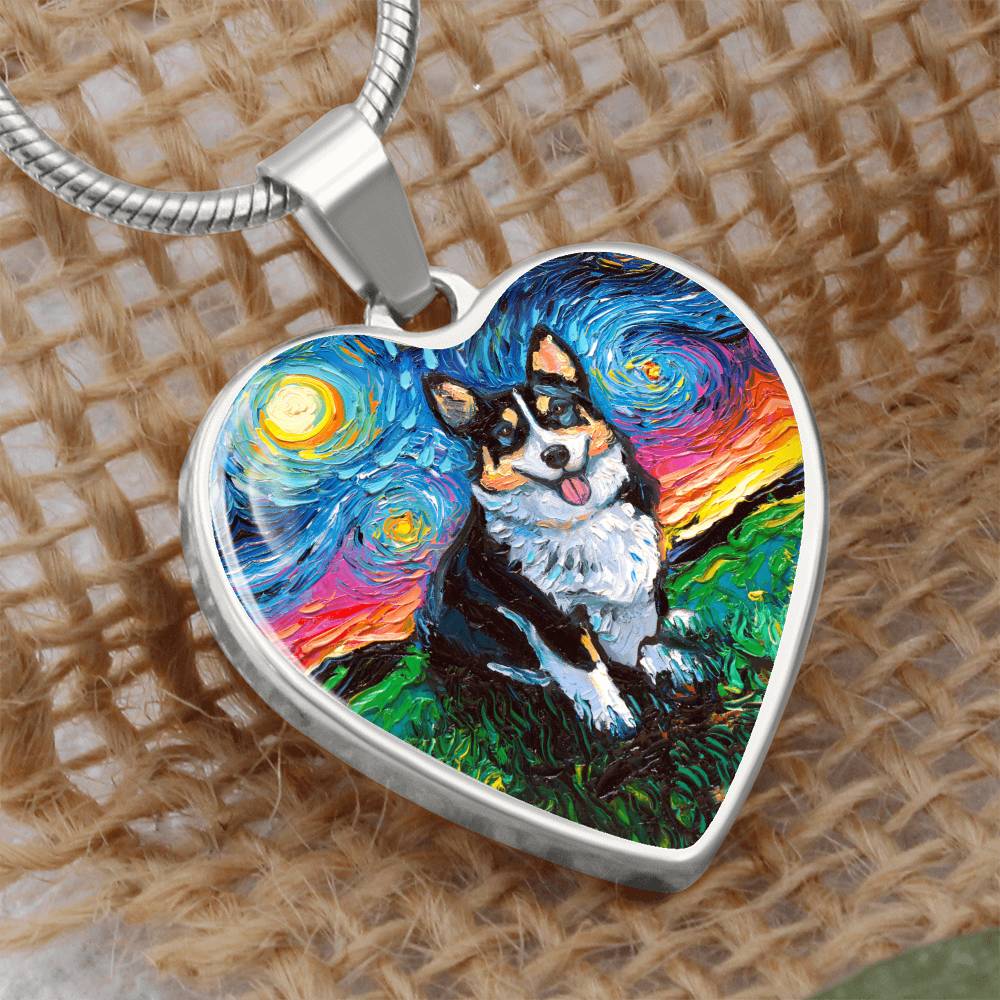 Tri Color Corgi Starry Night Heart Necklace