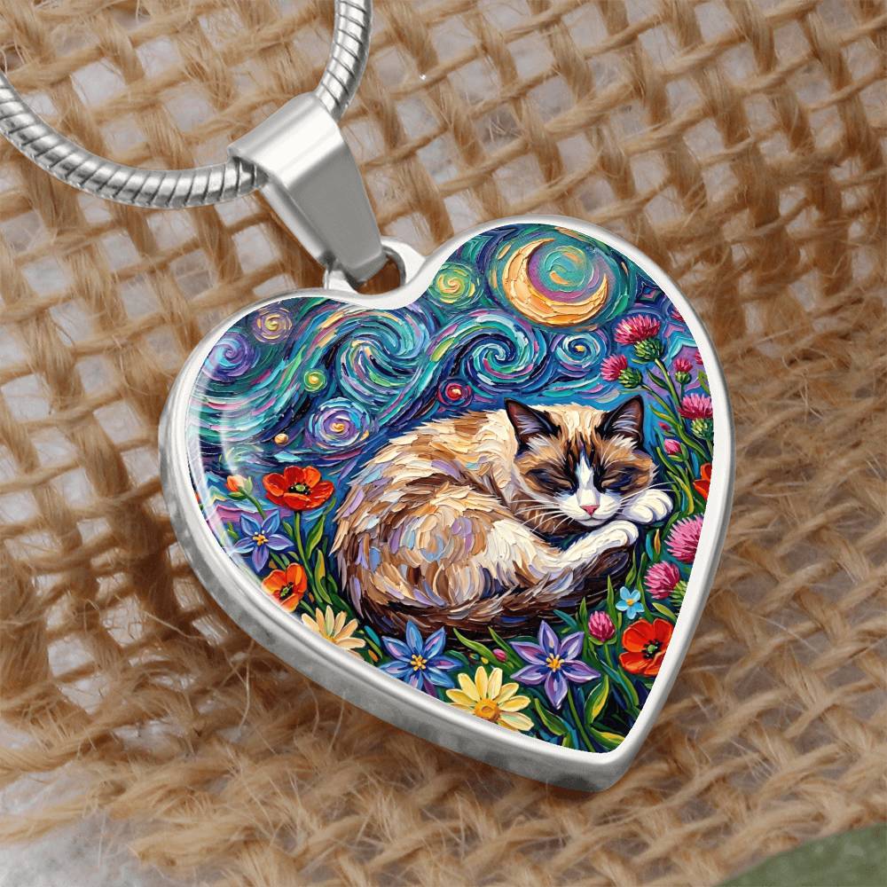 Sleepy Snowshoe Cat Night Heart Necklace