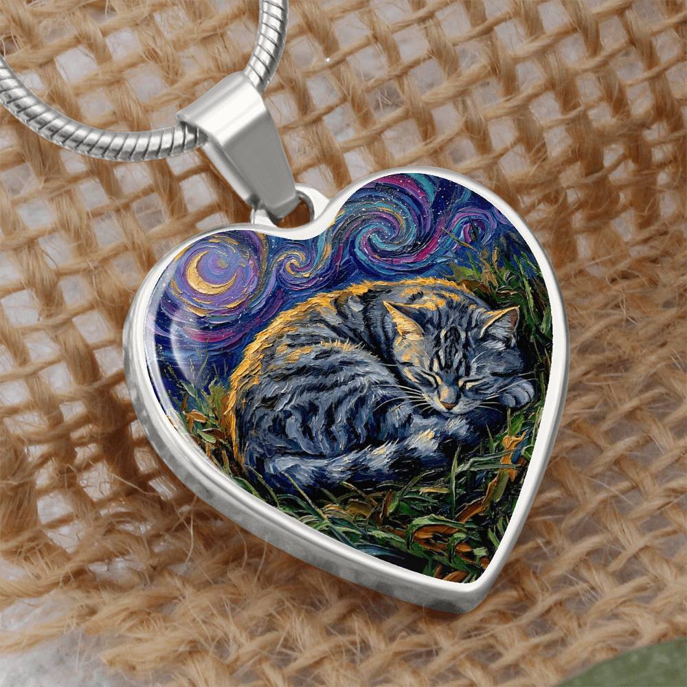 Sleepy American Shorthair Tabby Heart Necklace