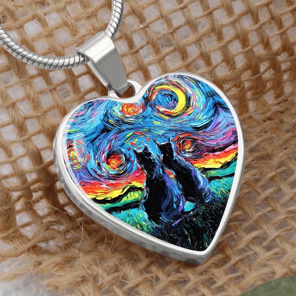 Van Gogh's Cats Starry Night Heart Necklace