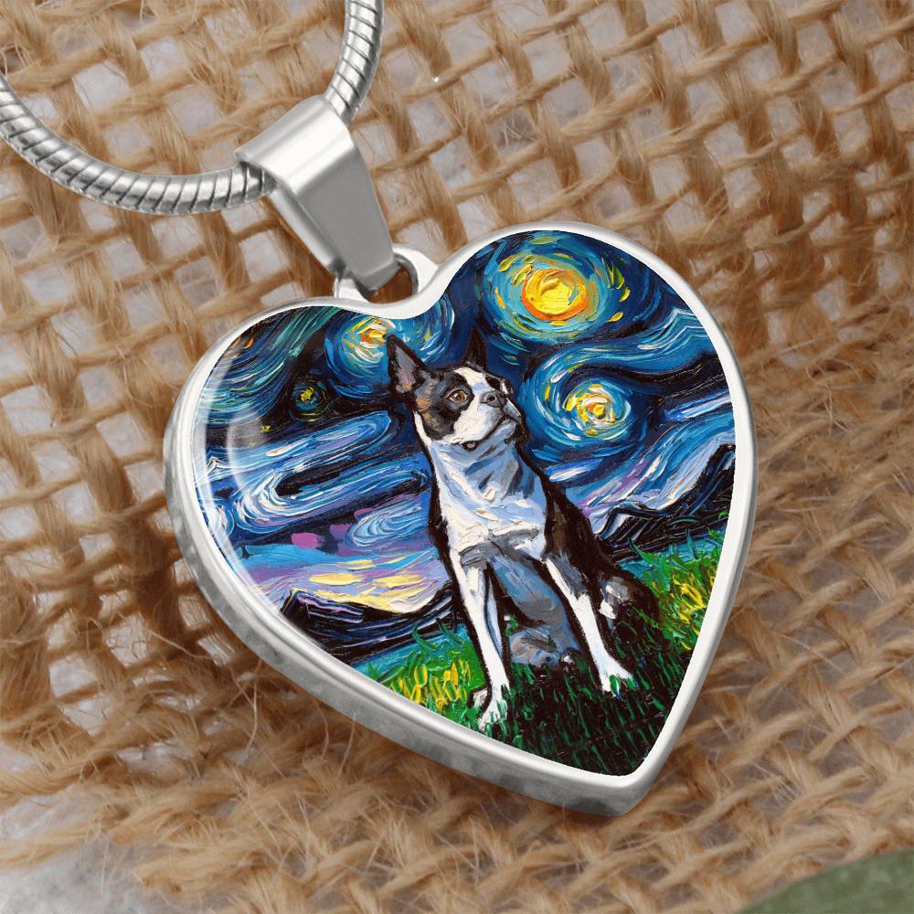 Boston Terrier Starry Night Heart Necklace