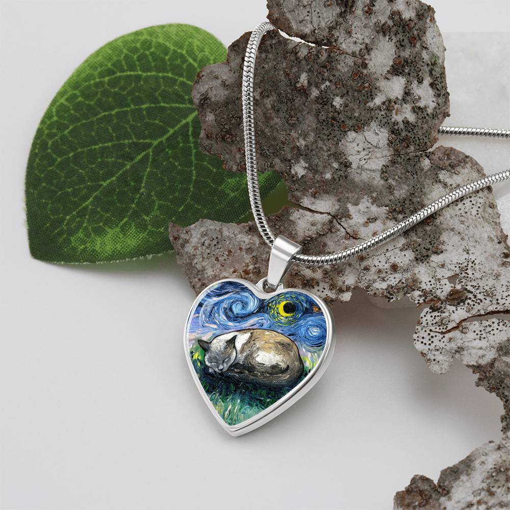 Sleeping Siamese Cat Starry Night Heart Necklace