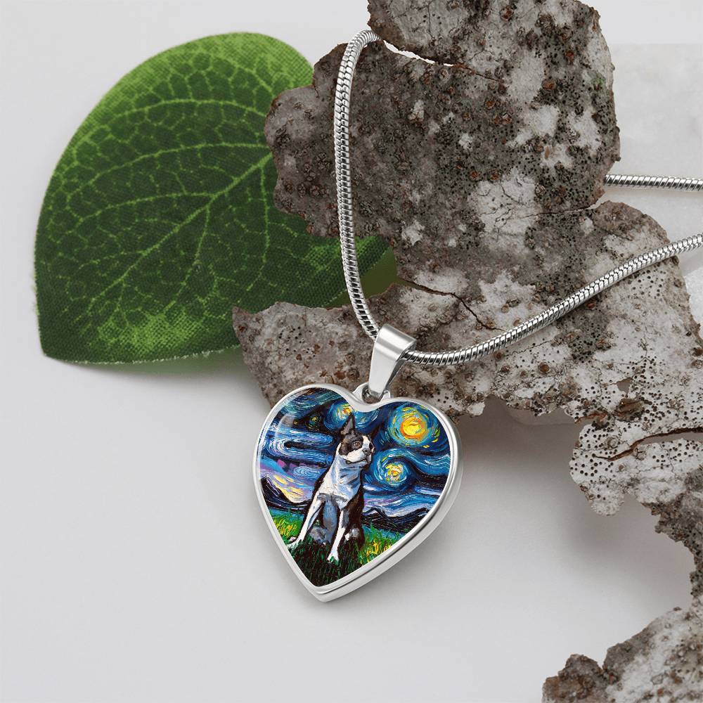 Boston Terrier Starry Night Heart Necklace