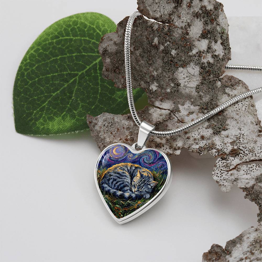Sleepy American Shorthair Tabby Heart Necklace