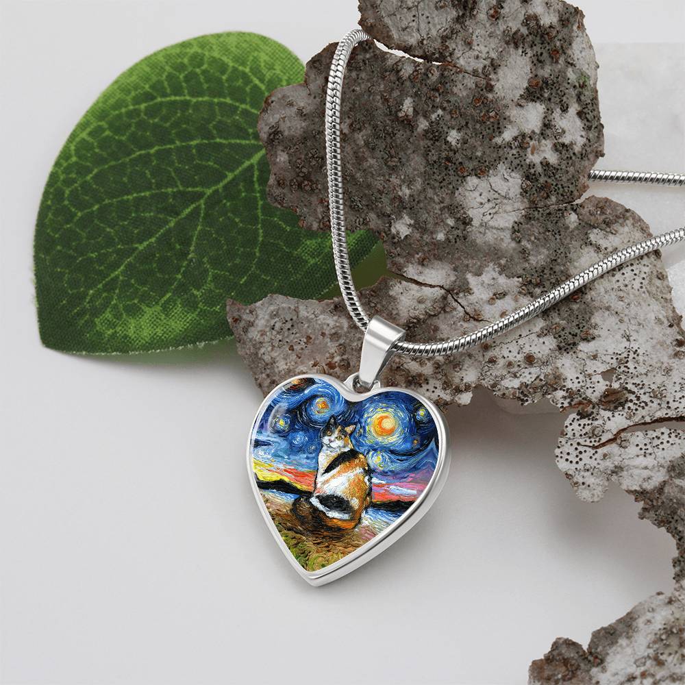 Calico Cat Starry Night Heart Necklace