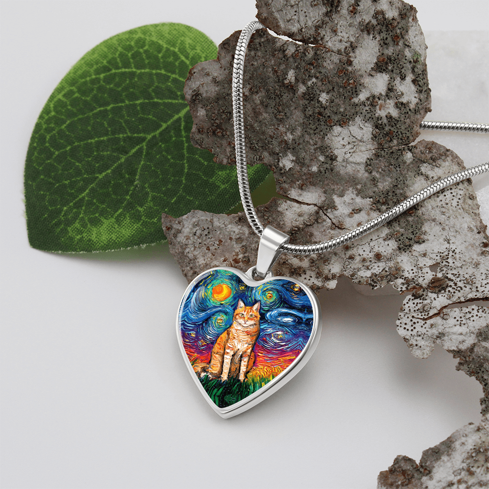Seated Orange Tabby Cat Starry Night Heart Necklace