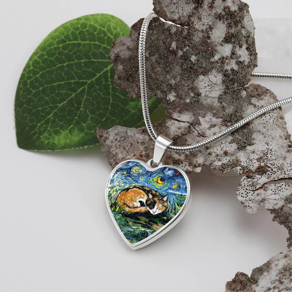 Sleeping Calico Cat Starry Night Heart Necklace