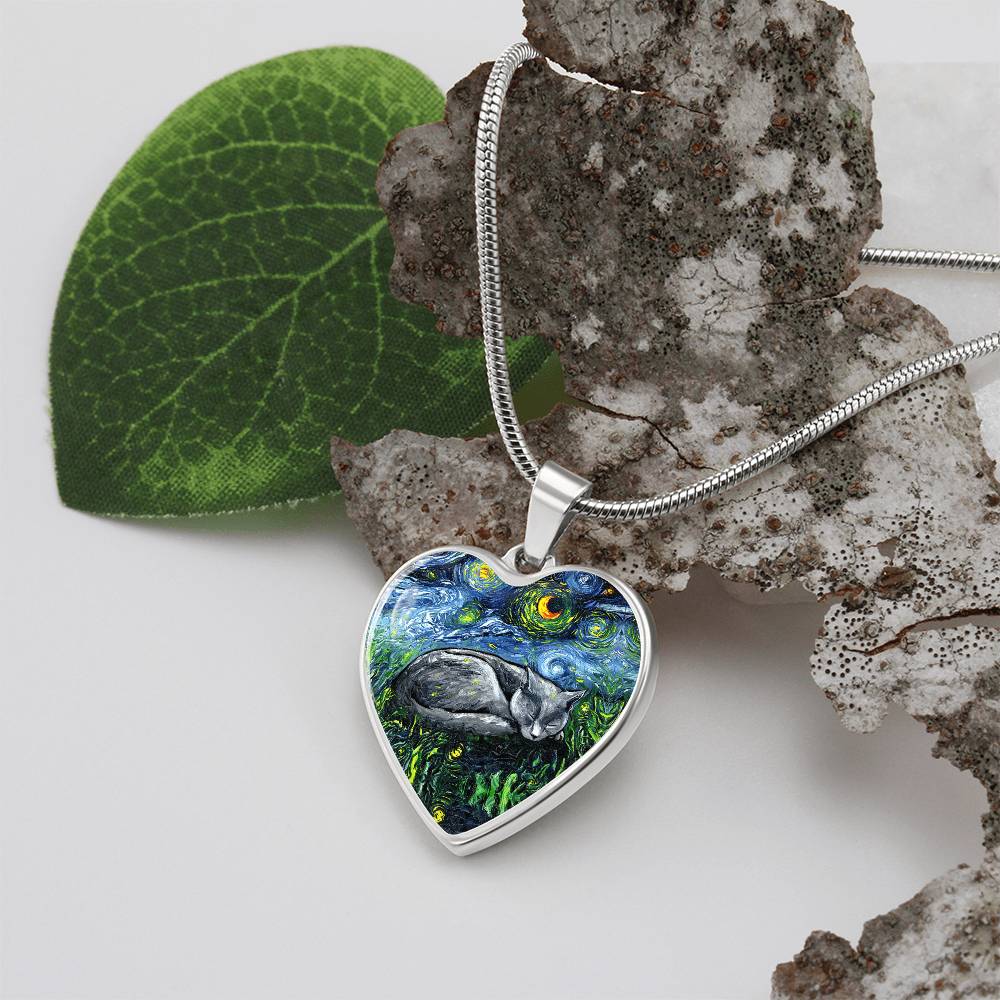 SleepingRussian Blue Cat Starry Night Heart Necklace