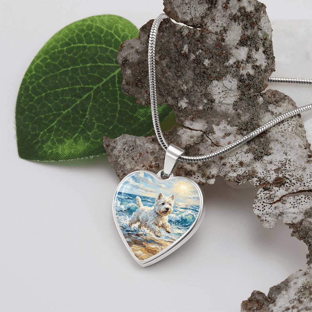 Frolicking Westie at the Beach Heart Necklace