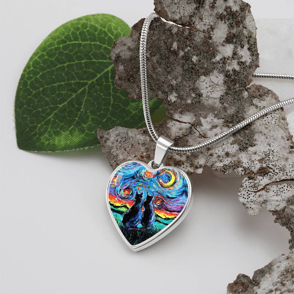 Van Gogh's Cats Starry Night Heart Necklace