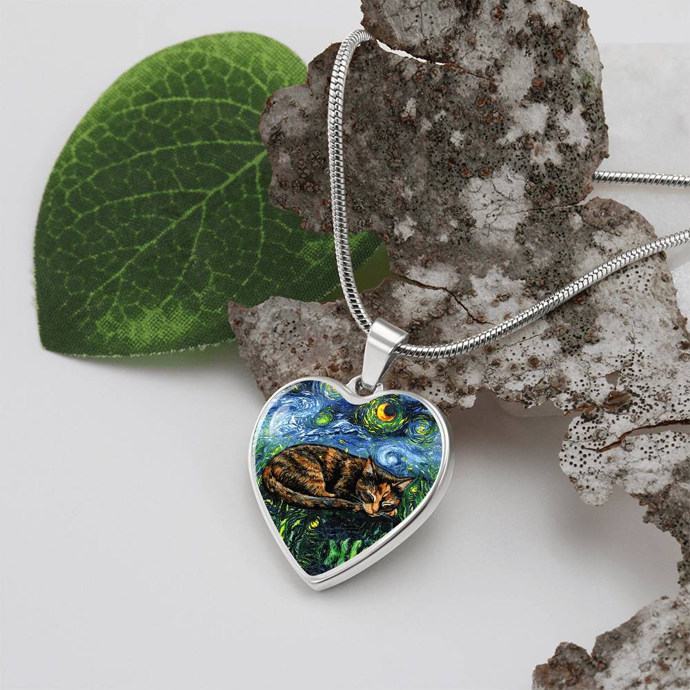 Sleepy Tortie Starry Night Heart Necklace