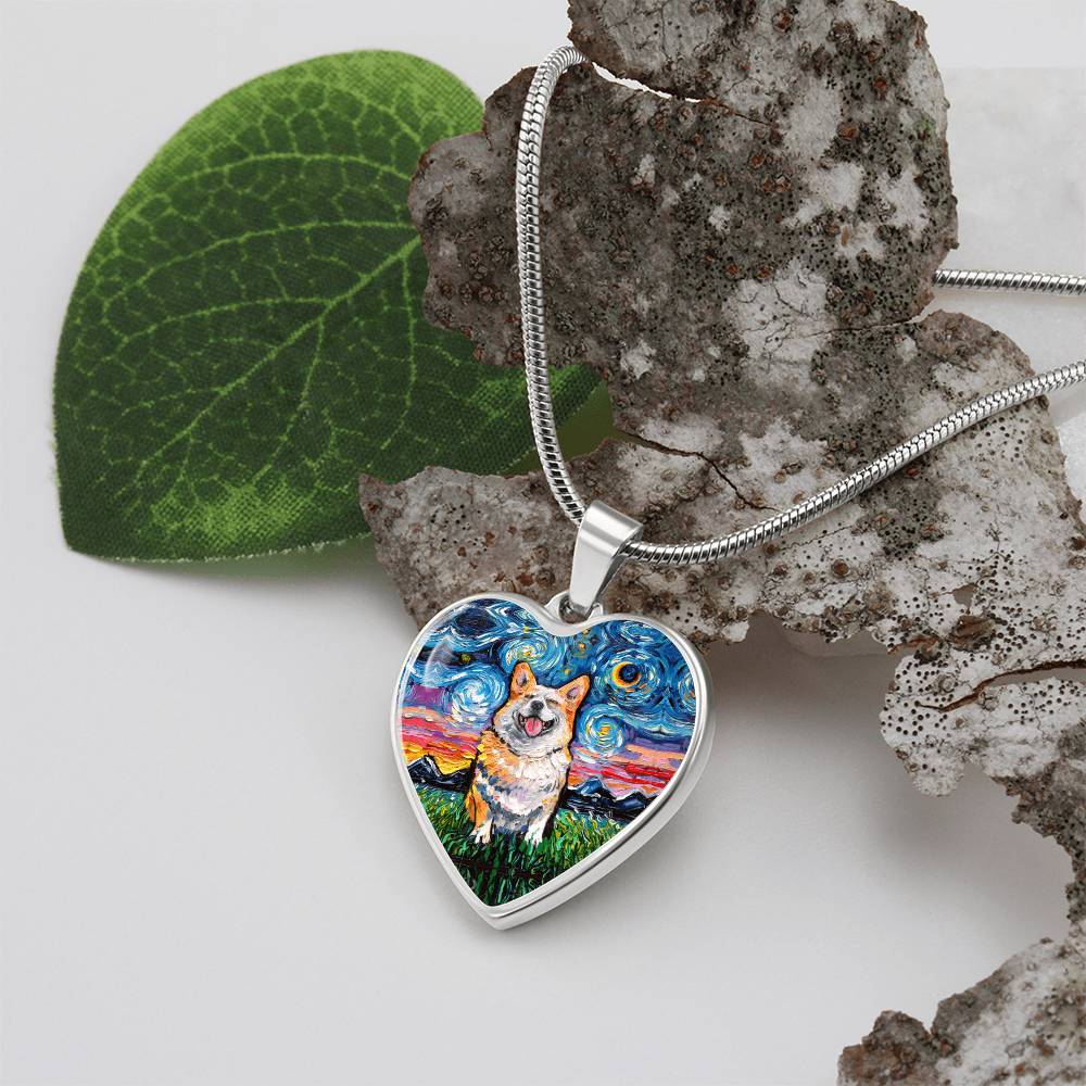 Smiling Corgi Starry Night Heart Necklace