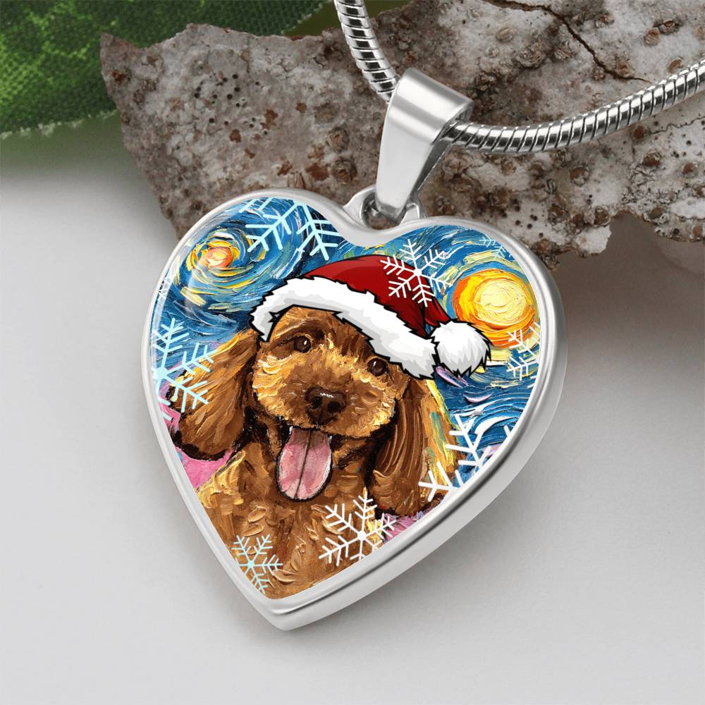 Apricot Poodle Puppy in Santa Hat Starry Night Heart Necklace
