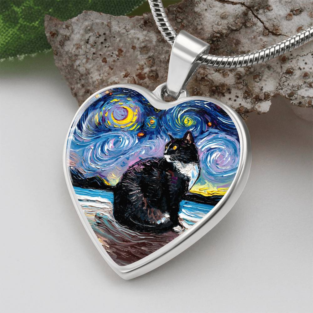 Tuxedo Cat with Yellow Eyes Starry Night Heart Necklace