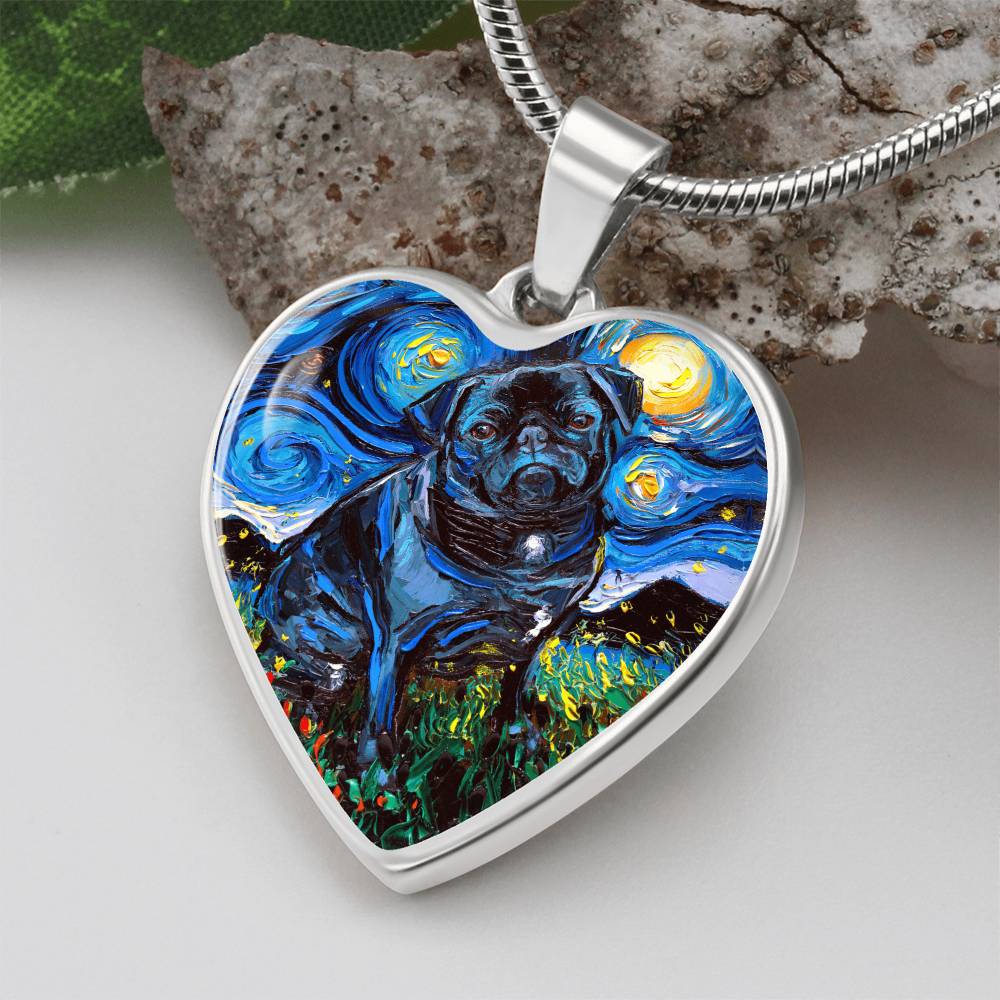 Black Pug Starry Night Heart Pendant