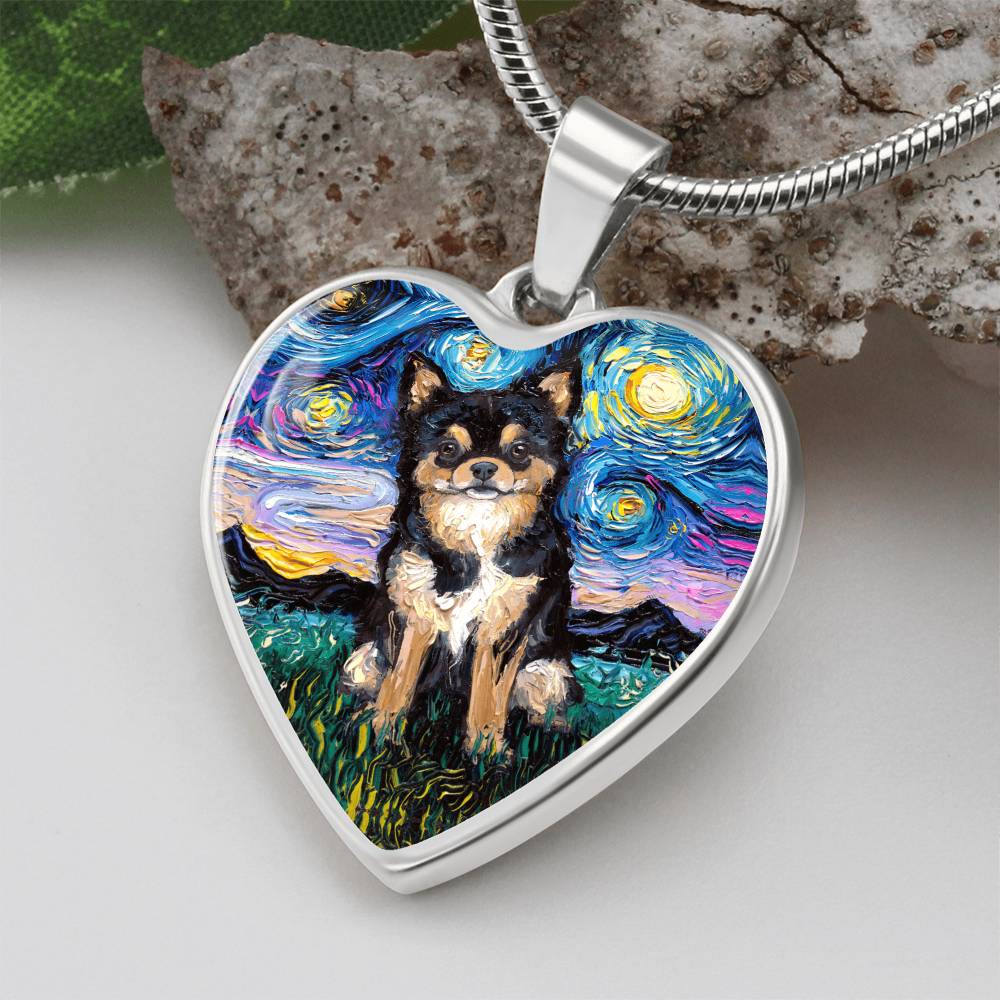 Long Hair Black and Tan Chihuahua Starry Night Heart Necklace