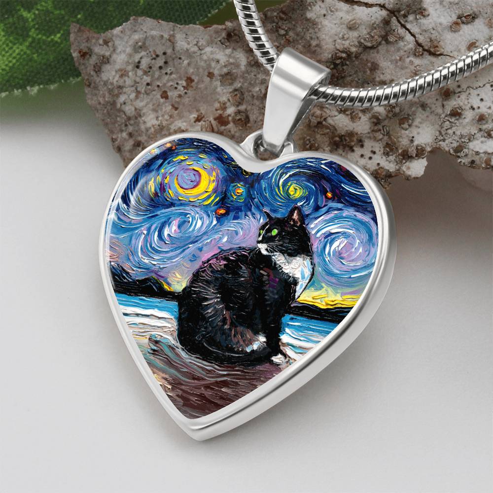 Tuxedo Cat with Green Eyes and White up nose Starry Night Heart Necklace