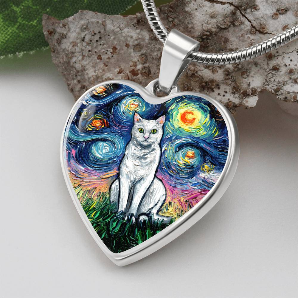 Seated White Cat Starry Night Heart Necklace