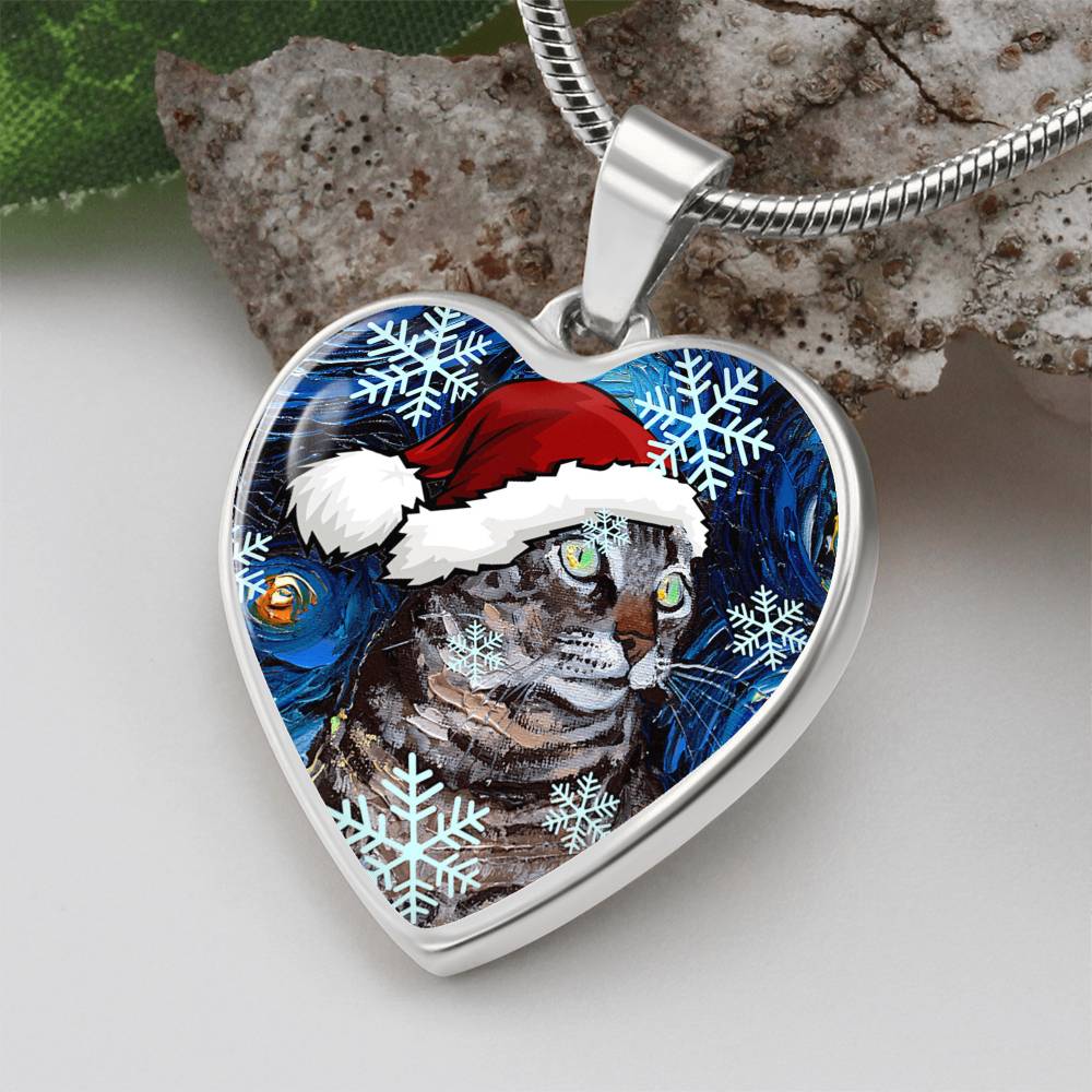 Tabby Cat in Santa Hat Starry Night Heart Necklace