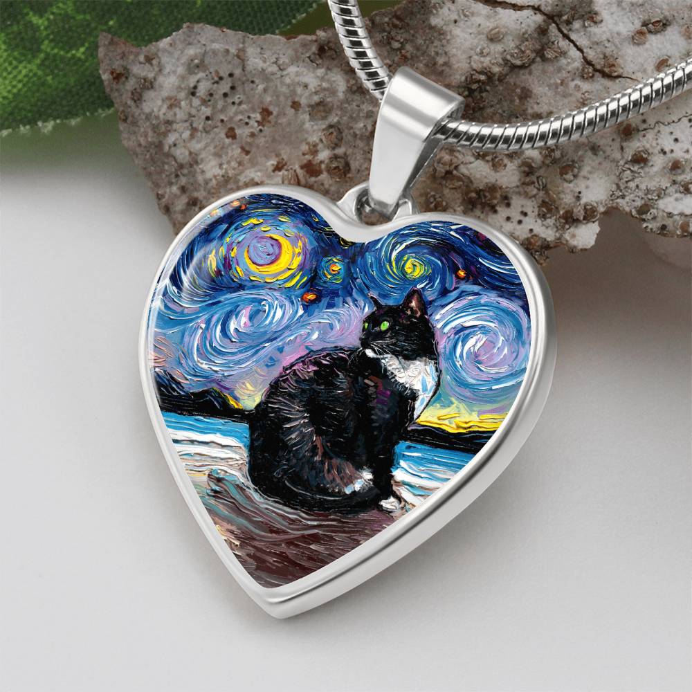 Tuxedo Cat with Green Eyes Starry Night Heart Necklace