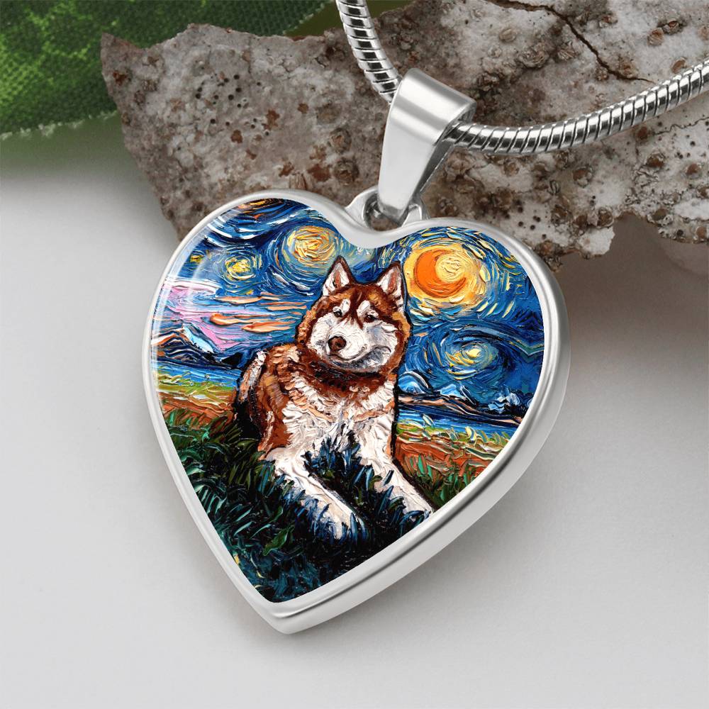 Red and White Husky Starry Night Heart Necklace