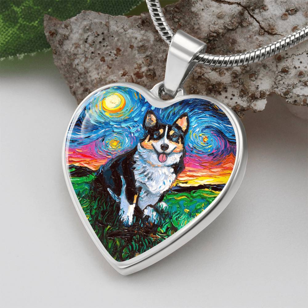 Tri Color Corgi Starry Night Heart Necklace