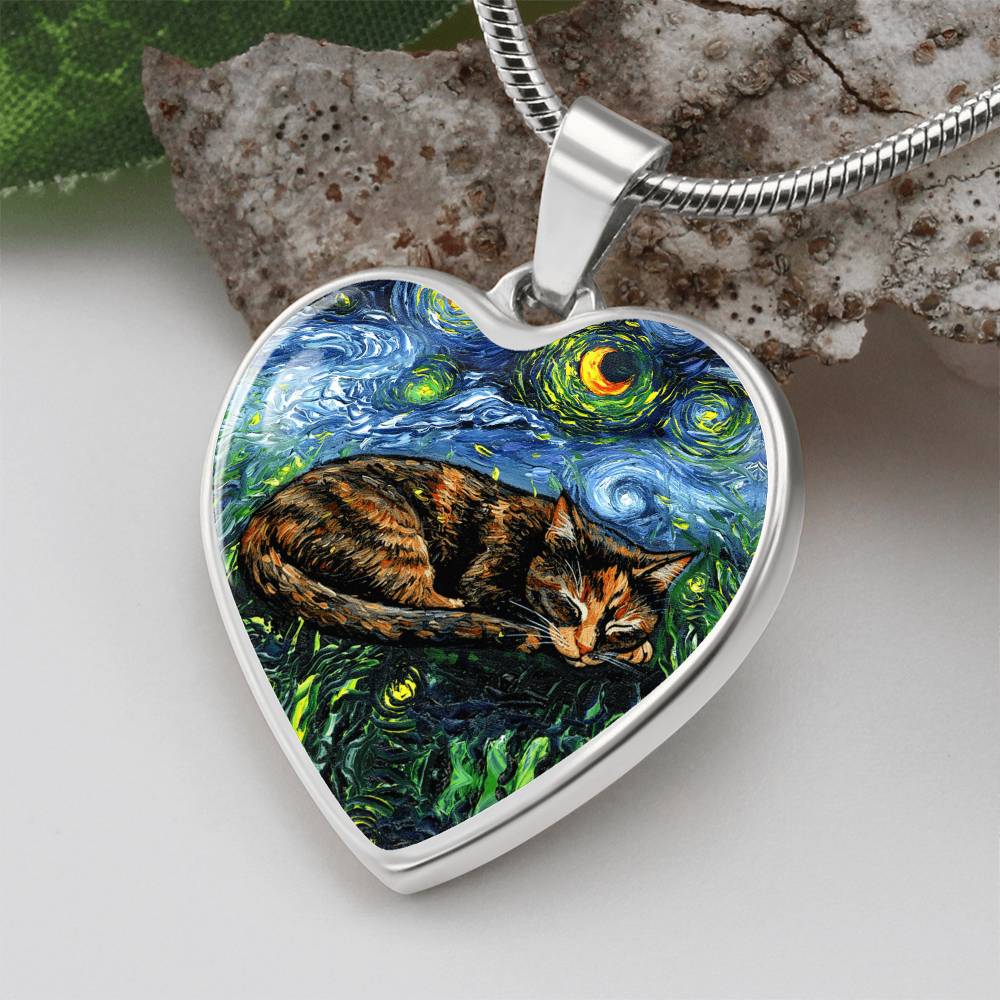 Sleepy Tortie Starry Night Heart Necklace
