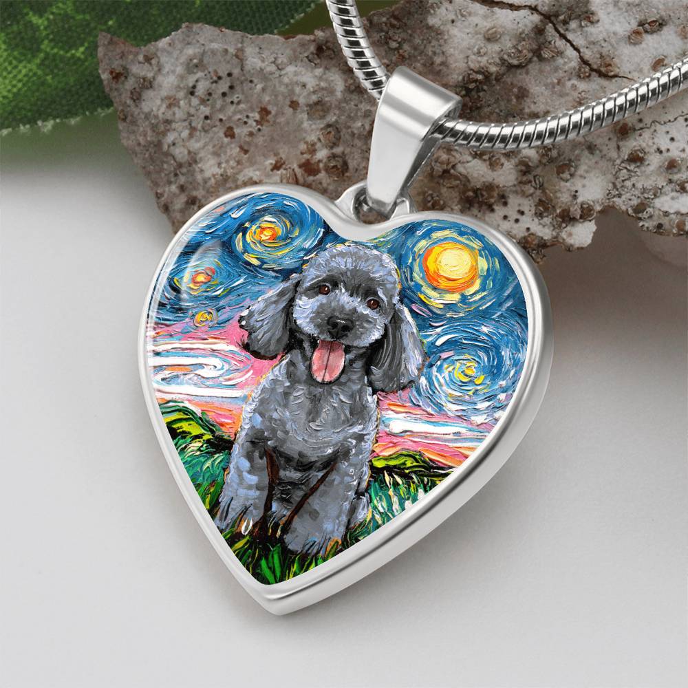 Silver Poodle Starry Night Heart Necklace
