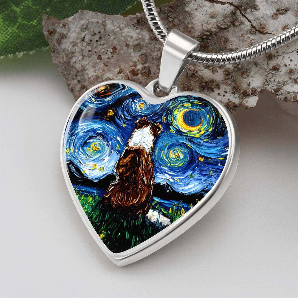 Red Border Collie Starry Night Heart Necklace