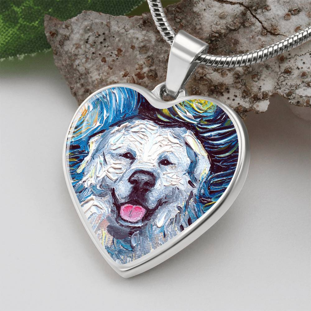 Great Pyrenees Portrait Starry Night Heart Necklace
