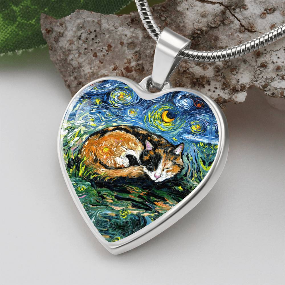 Sleeping Calico Cat Starry Night Heart Necklace