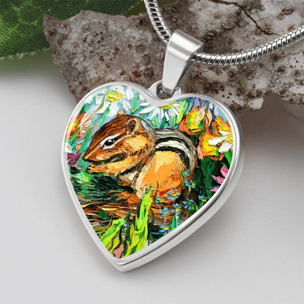 Chipmunk in Spring Garden Heart Necklace