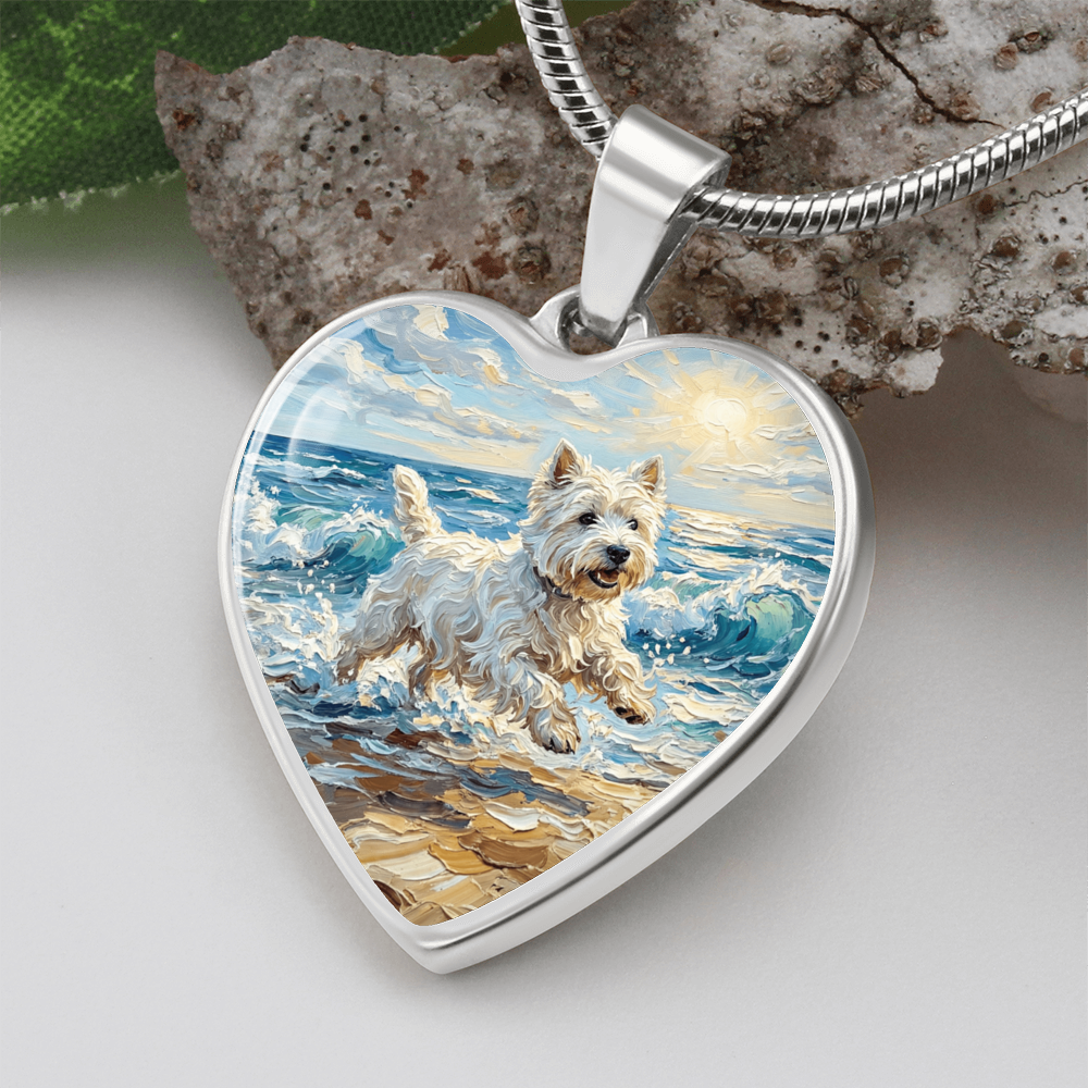 Frolicking Westie at the Beach Heart Necklace