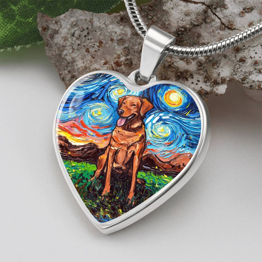Fox Red Labrador Starry Night Heart Necklace