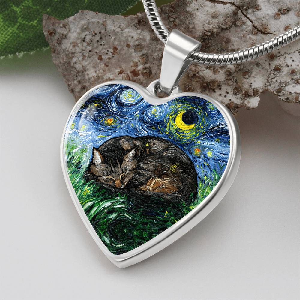 Sleeping Brown Tabby Starry Night Heart Necklace