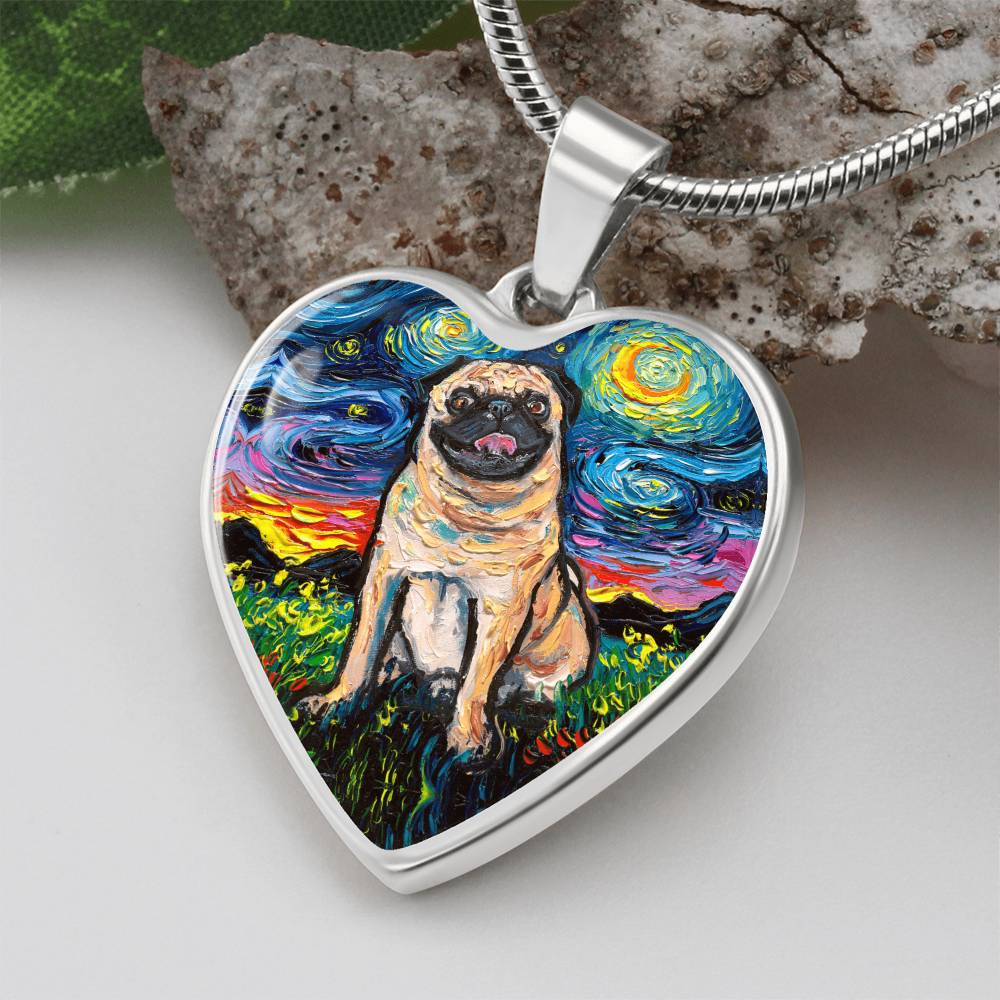 Fawn Pug Starry Night Heart Necklace