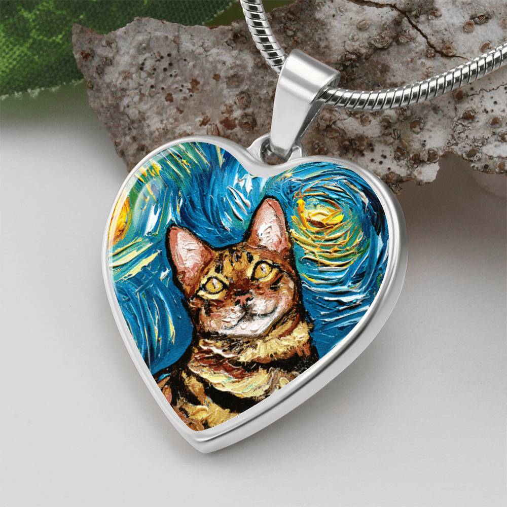 Bengal Cat Starry Night Heart Necklace