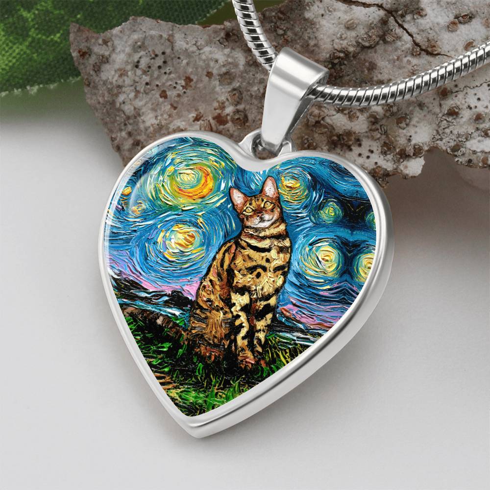 Bengal Cat Starry Night Heart Necklace