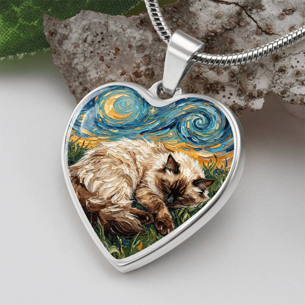 Sleepy Birman Night Heart Necklace