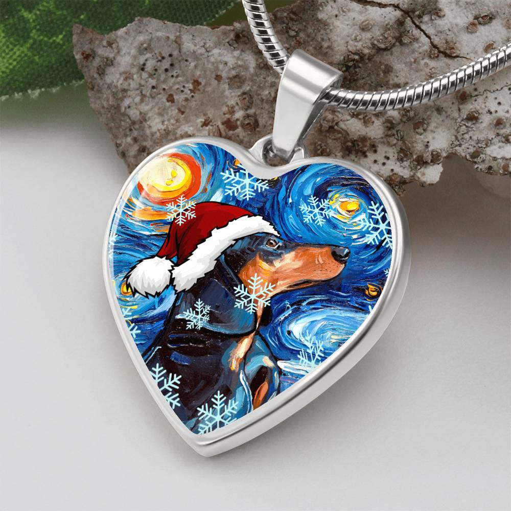 Santa Black and Tan Dachshund Heart Necklace