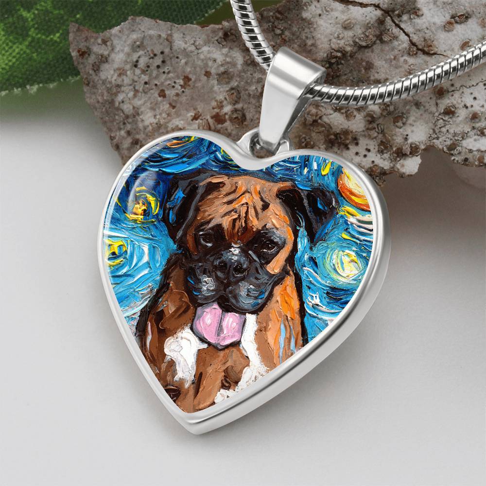 Boxer Portrait Starry Night Heart Necklace