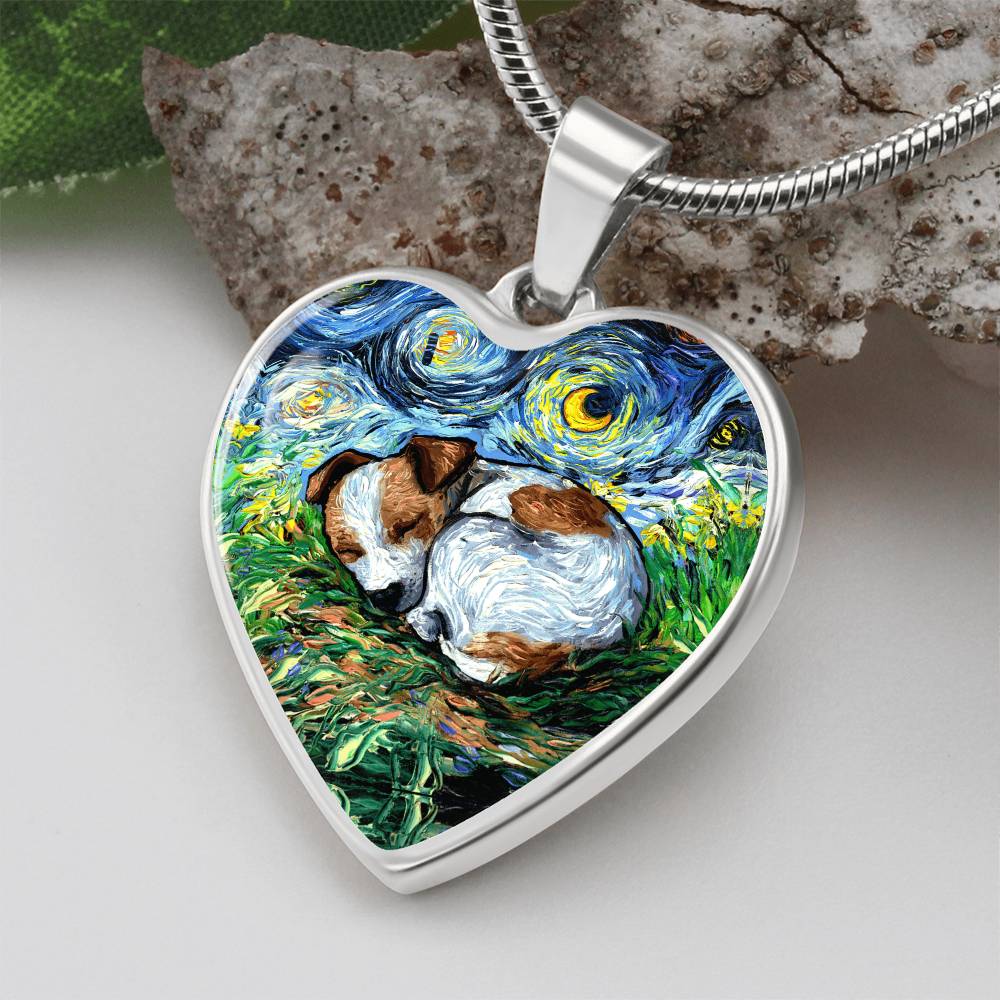 Sleeping Jack Russell Terrier Starry Night Heart Necklace