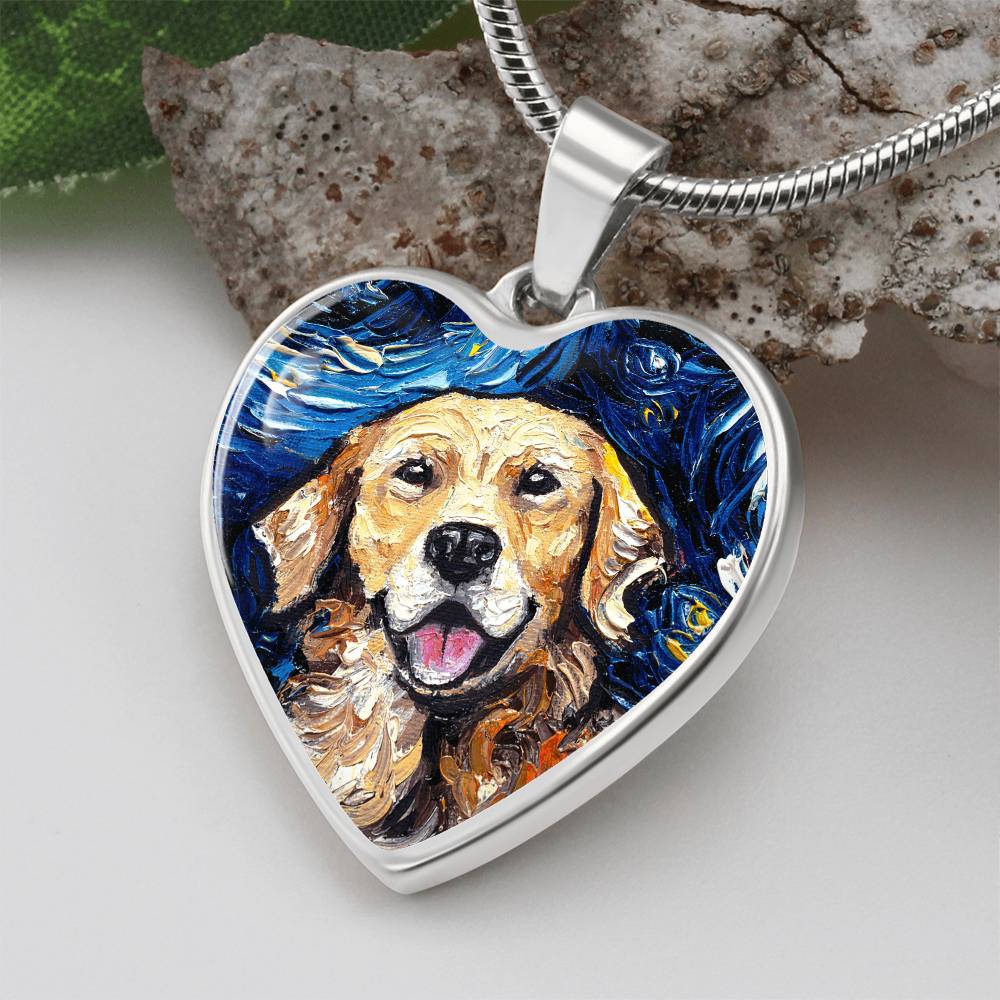 Golden Retriever Portrait Starry Night Heart Necklace