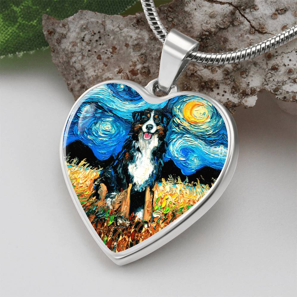 Bernese Mountain Dog Starry Night Heart Necklace